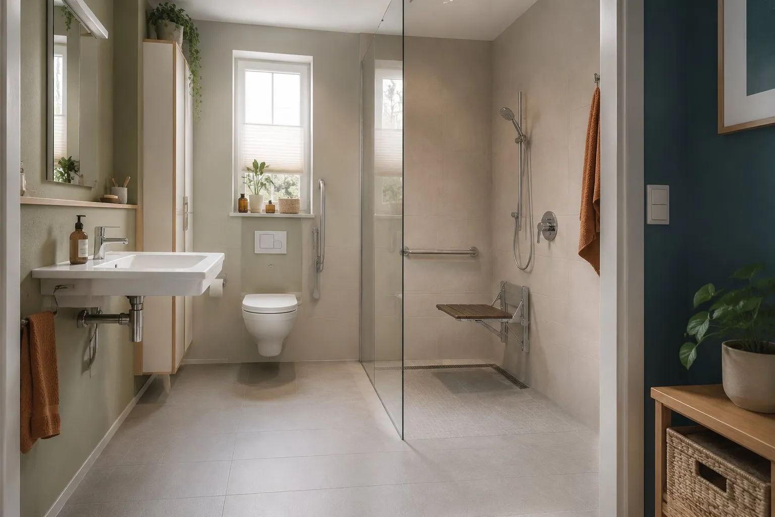 A bathroom with a level shower, seat and grab rail