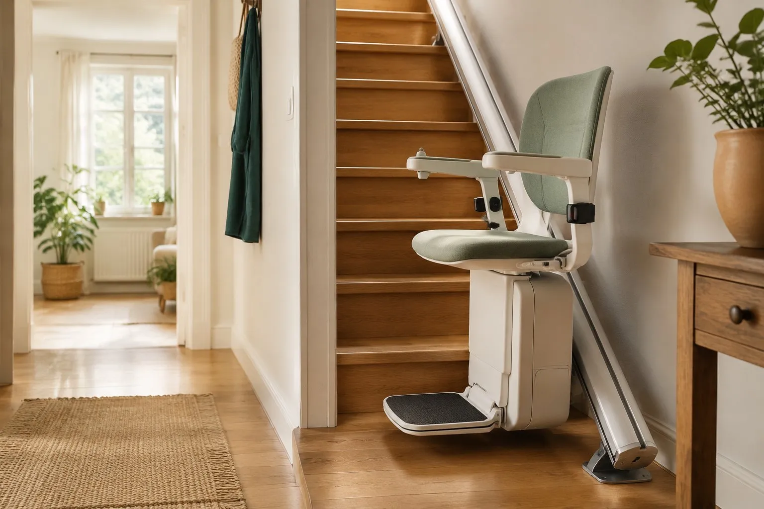 A stairlift beside an indoor staircase